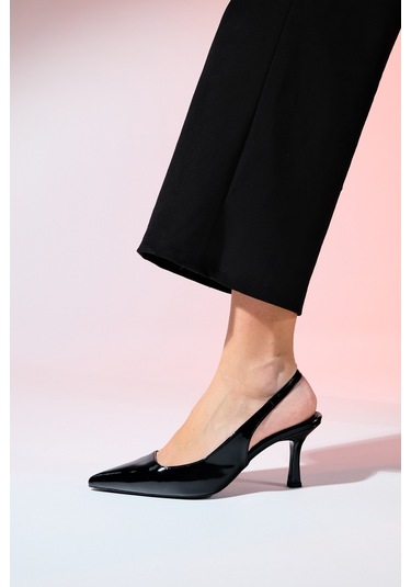Luvishoes Flem Siyah Rugan Kadın Sivri Burun Arkası Açık İnce Topuklu Ayakkabı Siyah