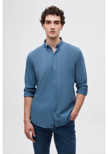 D'S Damat Ds Damat Slim Fit İndigo Düğmeli Yaka %100 Pamuk Yazlık Flamlı Keten Görünümlü Gömlek 6HC02ORT63265 İndigo