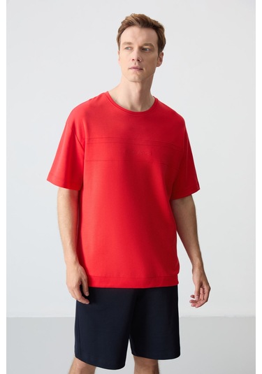 Fiesta Lacivert Pamuklu Kalın Yumuşak Dokulu Oversize Fit Basic Erkek Şort Takım - 85257 Kırmızı