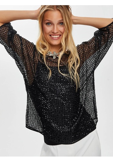 Faik Sönmez Payet İşli Rahat Form Kadın Abiye Bluz W26blz003 Siyah