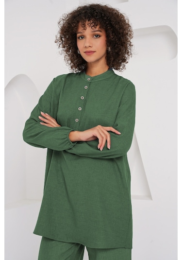 Bigdart 6678 Keten Tunik Pantolon İkili Takım - Zümrüt Yeşili