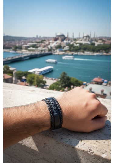 İstanbul Yazılı Hakiki Deri Erkek Bileklik Siyah