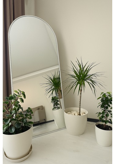 Oval Metal Çerçeve Ayaklı Boy Aynası 70x180 Beyaz Beyaz