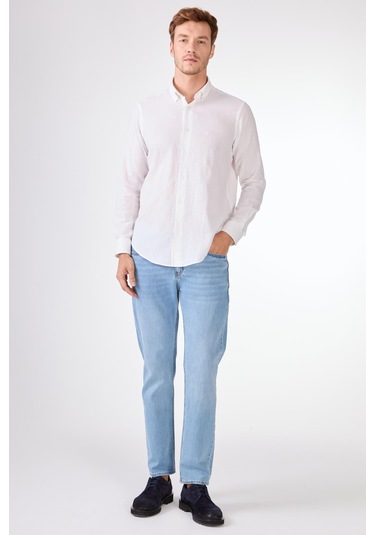 Beyaz Keten Düz Renk Regular Fit Erkek Gömlek Beyaz