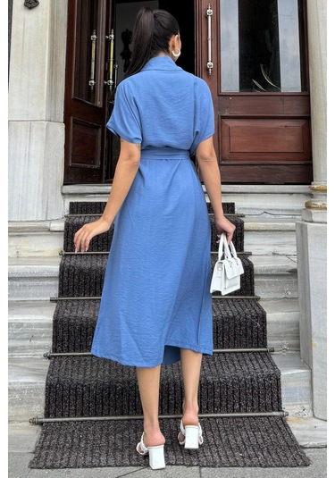 Kadın İndigo Kruvaze Yaka, Kısa Kollu, Kemer Detaylı, Rahat Kesim, Midi Keten Elbise Indigo