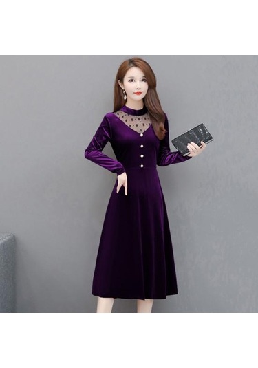 Ofis Bayan Zarif Kadife Elbise O-boyun Hollow Out Örgü Iplik Dikiş Evaze Elbise Uzun Kollu Düğmeler Dekor Gevşek Hem Midi Elbise Kırmızı Ofis Bayan Zarif Kadife Elbise O-boyun Hollow Out Örgü Iplik Dikiş Evaze Elbise Uzun Kollu Düğmeler Dekor Gevşek Hem Midi Elbise Kırmızı