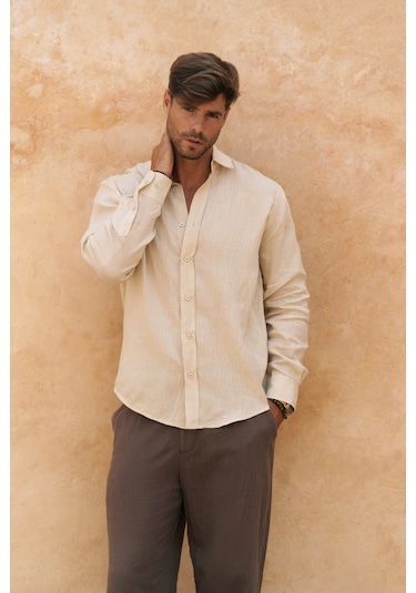 Mai Collection Mai Studios Co. Agnola Oversize Erkek Taş Keten Gömlek Taş