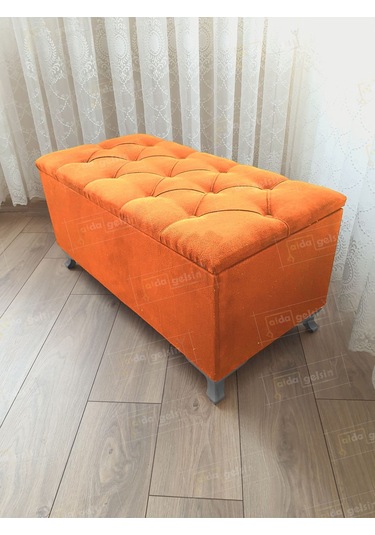 Lüks Sandıklı Kapitoneli Ayakucu Puf Bench 100 Cm Gümüş Ayak Turuncu