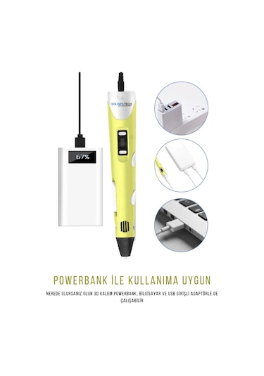 Sarı 3D Kalem 3D Pen Yazıcı Kalem | 20 Adet 5 Metre (Toplam 100 Metre) Filament + USB KABLO