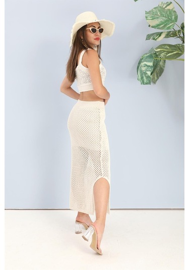 Etek Astarlı Yırtmaçlı Triko - Ekru - Kadın Ekru