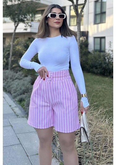 WeShaya Kadın Pembe Kemerli, Yüksek Bel, Pliseli, Rahat Kesim, Gabardin Şort Pembe