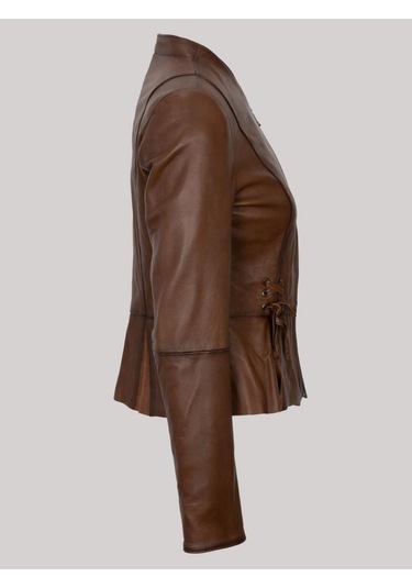 Hakiki Deri Kahverengi Bel Detay İşlemeli Fermuarlı Kadın Deri Ceket Kahverengi