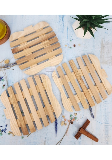 Nergis Ahşap Tencere Tava Çaydanlık Atlığı Nihale Seti 3 Lü Set