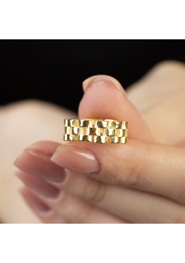 Zincir Tasarım Gold Renk Free Size 925 Ayar Gümüş Kadın Yüzük Sarı