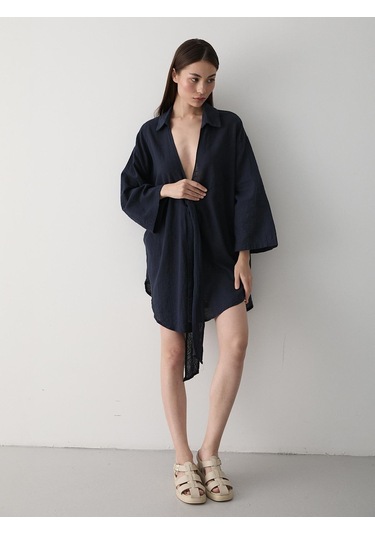 Lacivert Flam Keten Kimono Gömlek Lacivert