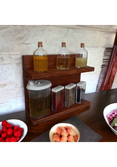 Tezgah Üstü Ahşap Standlı Baharatlık Yağlık Limonluk Seti 8 Parça Ahşap