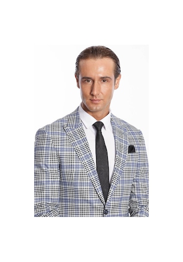 Wessi Ekose Desenli Slim Fit Siyah Mavi Erkek Ceket - Wessi Mavi - Siyah