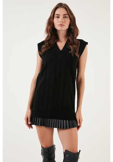 Lela V Yaka Arkası Uzun Triko Bayan Süveter 4616088Y Siyah