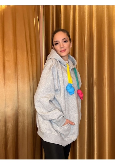 Ali Butik Renkli Kordon Detaylı Gri Sweatshirt Gri