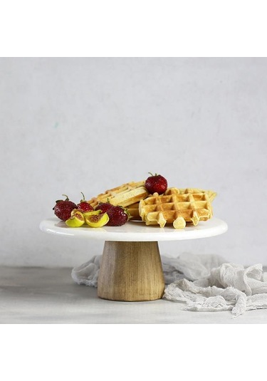 Akayev Mermer 25 CM Konik Ahşap Ayaklı Beyaz Yuvarlak Sunum Tabağ