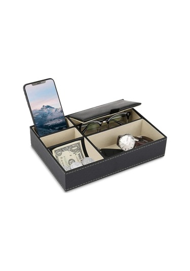 Qingmipy Deri Çok Bölmeli Aksesuar Organizatörü - Cüzdan, Takı, Anahtar Saklama Tepsisi Siyah