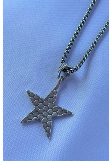 Yıldız El İşçiliği Paslanmaz Çelik Zincir Erkek Kolye Gümüş