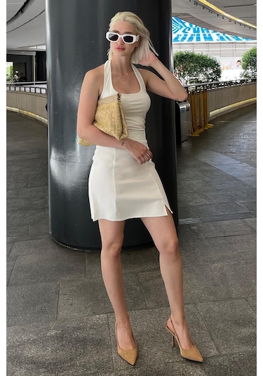 Madmext Beyaz Yüksek Bel Önden Yırtmaçlı Kısa Etek Mg2086 Beyaz