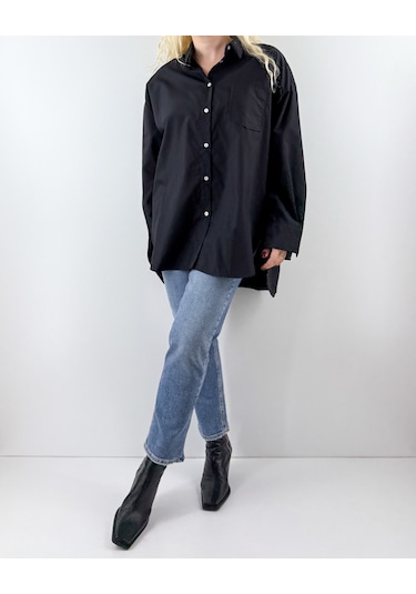 Modaonna Siyah Oversize Poplin Gömlek Siyah