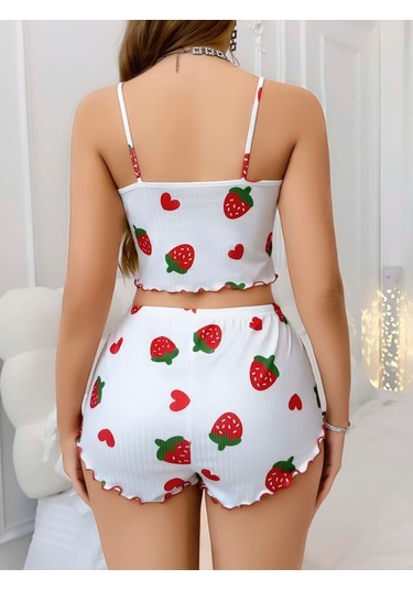 Kadın Beyaz Çilek Desenli Şortlu Pijama Takımı 5053 Beyaz