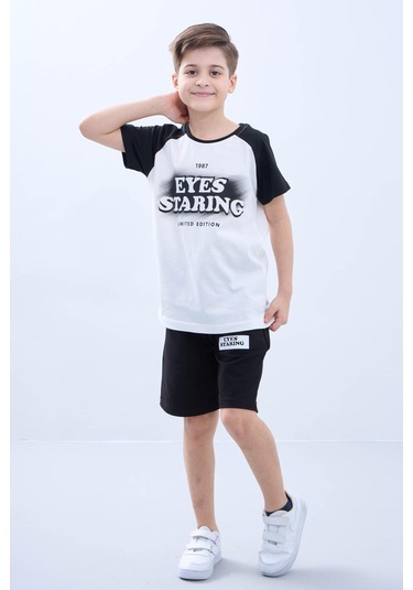 Penye Süprem Baskılı Yazlık Şortlu Takım M00734 Beyaz - Siyah