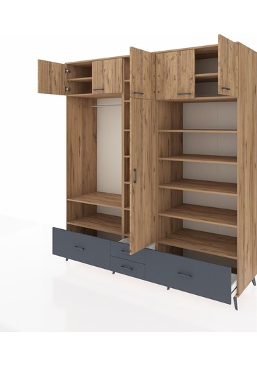 Kronos Dolap 18 Raflı 4 Çekmeceli Tek Askılı 220x59x243 Çam-çam/antrasit Atlas Çam/antrasıt