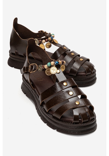 Luvishoes Solıs Kahverengi Hakiki Deri Boncuklu Kadın Sandalet