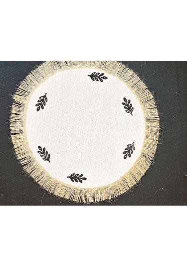 %100 Pamuklu Ham Keten Hasır Püsküllü Minik Desen Taş Baskı 6' Lı Amerikan Servisi Supla Yuvarlak 40cm Naturel