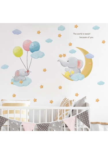 Duvar Çıkartmaları Seti, Filler, Ay, Bulutlar, Yıldızlar, Balonlar Duvar Çok Renkli