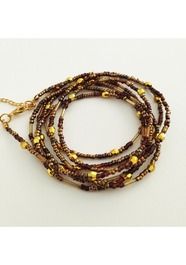 K216 Minimal, Zarif Boncuk, Dolamalı Kolye Kahverengi&atın Sarı Altın - Kahverengi