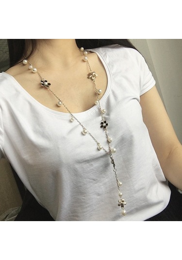 İnci Beş Yapraklı Çiçek Uzun Kolye Kadın Püskül Uzun Kazak Zinciri Beyaz Çok Renkli