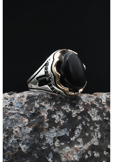 Oniks Taşlı Gümüş Yüzük 925 Ayar Zirkon Taş Süslemeli 902037 Gümüş