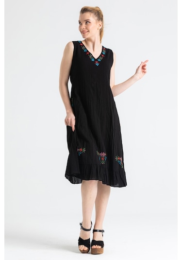 Kolsuz Şile Bezi Mehtap Midi Boy Elbise Siyah Syh-siyah