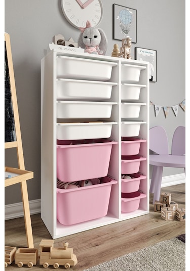 %100 Mdf - Large Duo 14 Sepetli Oyuncak Dolabı Pembe