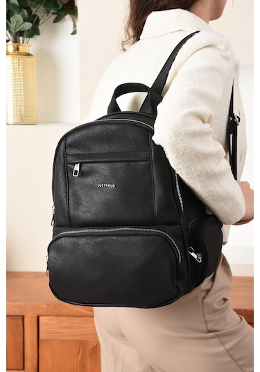 Just Polo Kadın Eskitme Suni Deri Çok Cepli Günlük Sırt Çantası Pbu3000 Siyah