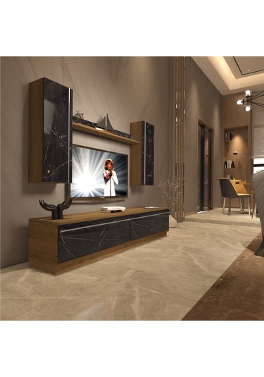 Decoraktiv Eko 5db Mdf Std Tv Ünitesi Tv Sehpası Pera - Siyah Mermer