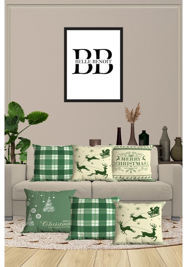 Belle Benoit Yılbaşı Baskılı Dekoratif 6'lı Koltuk Kırlent Kılıfı Yeşil - Beyaz