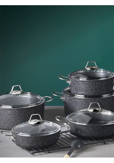 Falez Black Line 7 Parça Granit Tencere Seti Siyah