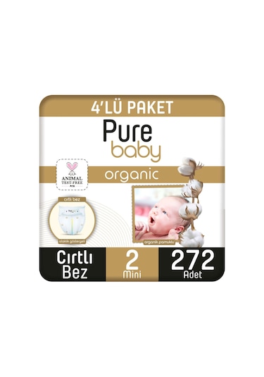 Pure Baby Organik Pamuklu Cırtlı Bez 4'lü Paket 2 Numara Mini 272 Adet 4'lü