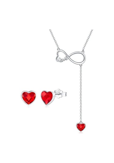 Monemel Kırmızı Kristal Taşlı Sevgililer Günü Özel Set Altın Kaplama N02333set Gümüş - Rodyum