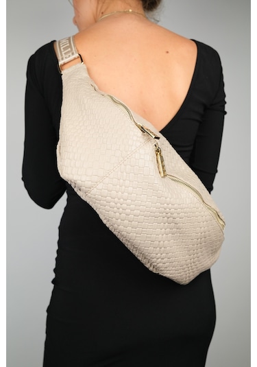 Venta Koyu Bej Örgü Kadın Büyük Bel Çantası Bej