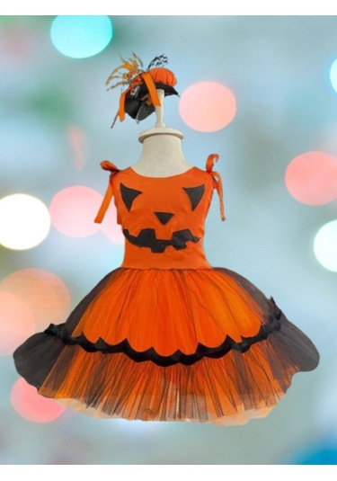 Halloween Cadılar Bayramına Özel Turuncu -siyah Arkası Lastikli Tokalı Balkabağı Kız Kostümü