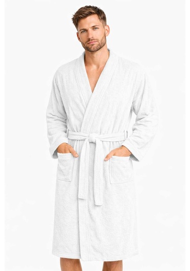 Kimono Yaka Unisex Pamuklu Tek Kişilik Bornoz Beyaz Renkli