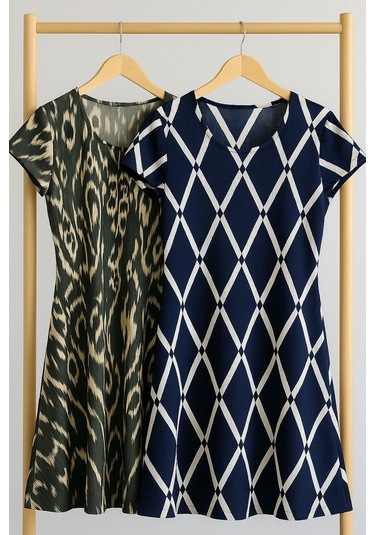 2 Adet Dökümlü Rahat Kalıp Günlük Penye Kumaş Elbise Koyu Haki