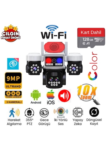 O-kam 5012 3mp 3mp 3mp 9mp Wi-fi 10x Optik Zoom 3 Lens Alert Ptz + 128gb Sd Kart